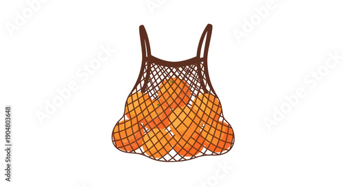 Simple graphic illustration of a dark brown mesh string tote bag brimming with round, sweet oranges, promoting