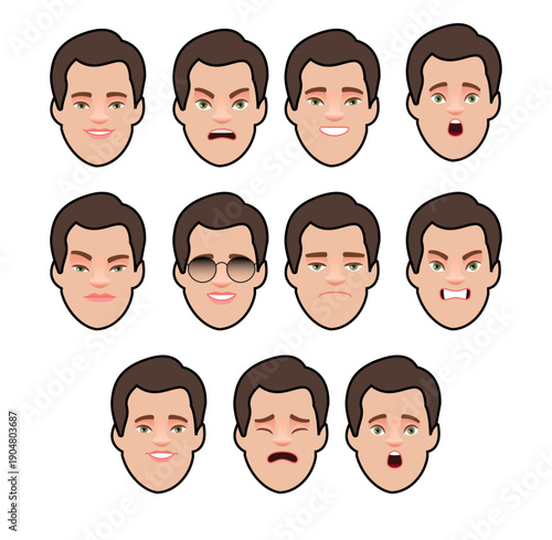 Set of different emotions of a cute white guy in a t-shirt. Facial expression of handsome stylish young man. Smile, happiness, anger, surprise, fear, sadness, etc. Vector illustration
