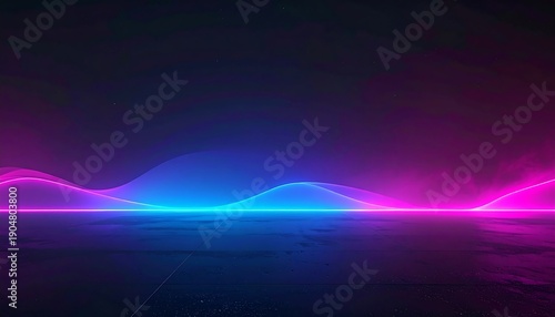 A vibrant glowing neon light wave in a minimalist composition, featuring soft blue and pink colors on a dark reflective background with large empty copy space