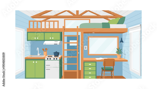 Tiny house cross section layout interior view