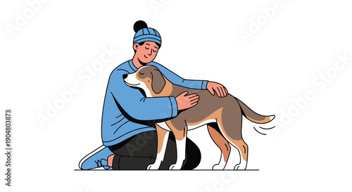 Caring owner in winter attire lovingly petting a happy brown and white dog, depicting a heartwarming bond between human