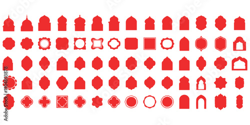 Old mosque windows shape in oriental style. Islamic door set, flat arabic frames or arabian arches silhouette. Muslim architecture geometric design elements, moroccan minimal arcs. Ramadan kareem gate