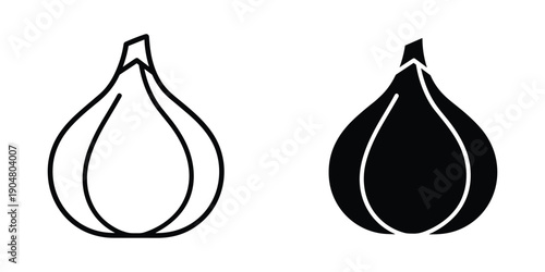 A simple black and white illustration depicts two garlic bulbs side by side in a minimalist style high quality professional detailed modern elegant stylish clean crisp