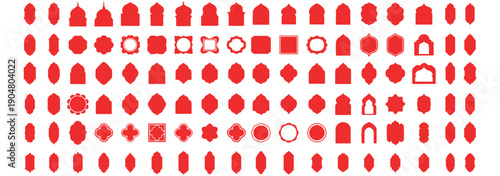 Old mosque windows shape in oriental style. Islamic door set, flat arabic frames or arabian arches silhouette. Muslim architecture geometric design elements, moroccan minimal arcs. Ramadan kareem gate