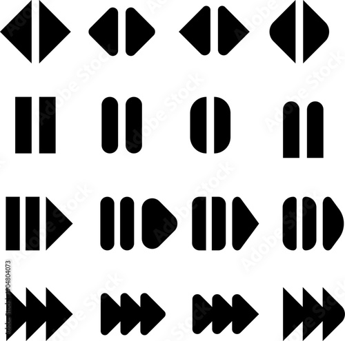 Black media control icons set including play pause stop forward rewind and skip buttons isolated on white background for interface and multimedia design