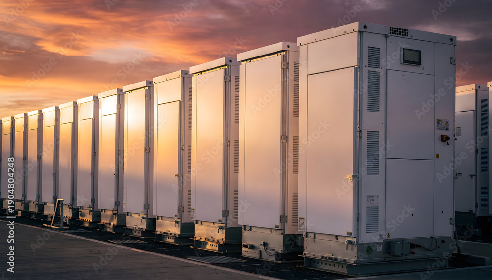 Obraz premium Array of White Industrial Power Units Against a Dramatic Sunset Sky, Emphasizing Energy, Technology and Efficiency for Utility and Infrastructure Projects