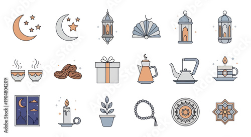 Ramadan Icons Set: Moon, Stars, Lanterns, Dates, Tea, Gift, Candle, Prayer Beads