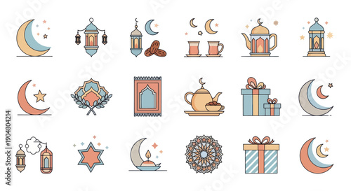 Ramadan Icons Set: Moon, Lanterns, Dates, Teapot, Gifts, Prayer Mat