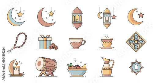 Ramadan Icons Set: Moon, Lanterns, Gifts, Dates, Coffee, Drum, Jug, Candle, Rosary