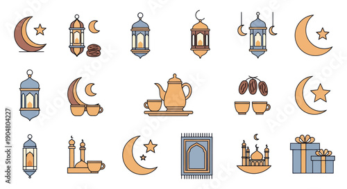 Ramadan Icons Set: Crescent Moon, Lanterns, Mosques, Dates, Prayer Mat, Gift Box, Tea Set