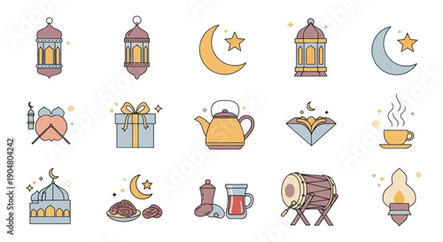 Ramadan Icons: Lanterns, Crescent Moon, Dates, Gifts, Drum, Tea, Mosque, Clock