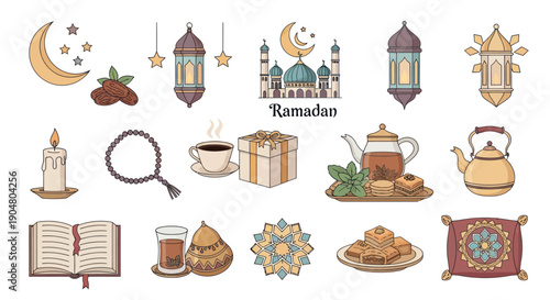 Ramadan Kareem Icons: Mosque, Lanterns, Dates, Prayer Beads, Tea, Gifts, Book