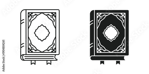 A pair of outlined books are displayed one white with a black border and another entirely black showcasing ornate cover designs high quality professional detailed modern