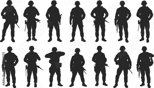 Set of military soldier silhouettes showing armed infantry troops standing in various poses isolated on white background vector icons