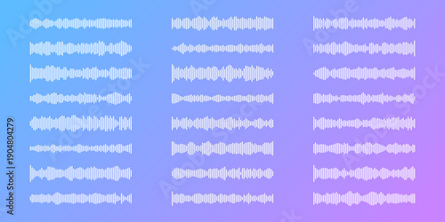 Dynamic soundwave vector with audio rhythm lines and frequency pattern. Podcast icons of wave equalizer for digital music player, radio broadcasting or microphone recording application interface.