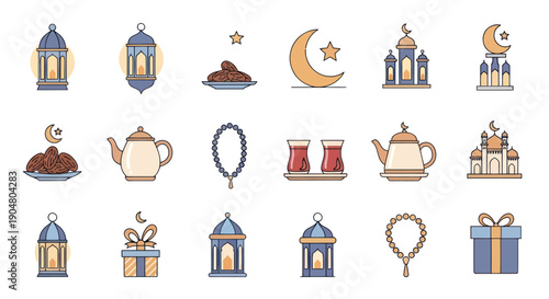 Ramadan Icons: Lanterns, Crescent Moon, Mosques, Dates, Tea, Prayer Beads, Gift Boxes