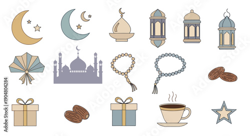 Ramadan Icons Set: Crescent Moon, Mosque, Lanterns, Dates, Gifts, Prayer Beads, Coffee