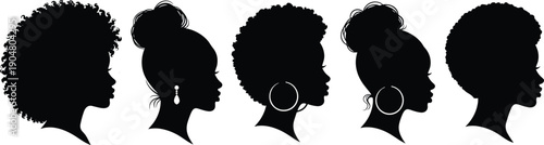 Black woman silhouette portrait collection featuring natural afro hairstyles and elegant profiles, feminine beauty icons, cultural identity, fashion design elements, minimalist vector illustration set