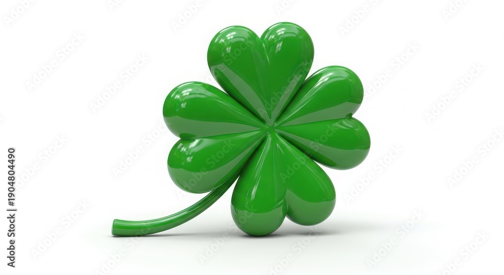 Fototapeta premium A digitally rendered glossy green four leaf clover against a white background