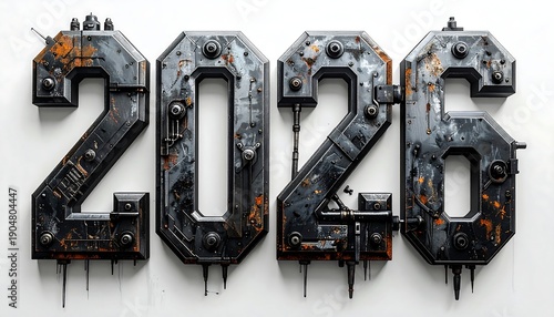 Futuristic Industrial 2026 Numbers with Rusty Metal Texture.