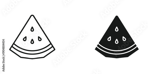 A simple black and white illustration depicts two watermelon slice icons one outlined and one filled high quality professional detailed modern elegant stylish clean crisp vibrant
