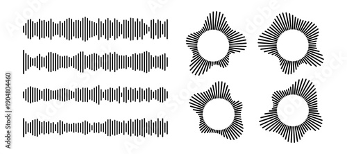 Audio waveform set with radial burst patterns and horizontal frequency lines. Monochrome podcast icons - geometric equalizer bars, abstract ripple shapes and voice recording graphic elements