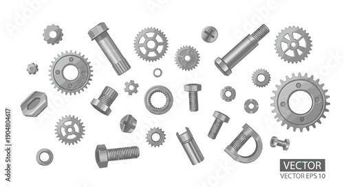 Scattered array of realistic grey mechanical components like bolts, screws, gears, and nuts, showcasing intricate