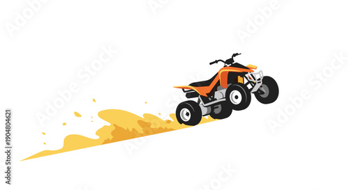 Dynamic orange all-terrain vehicle in mid-air creating an energetic sand trail against a clean white backdrop,
