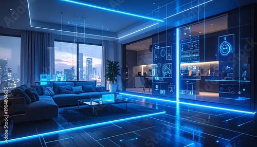 Futuristic Smart Home Interior with Blue Neon Light Trails and Cityscape View.