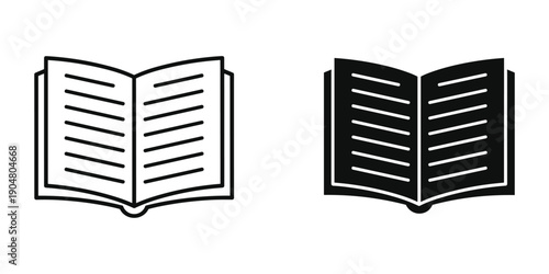 A simple black and white illustration depicts two open books side by side showcasing their pages and spines with linear details high quality professional detailed modern