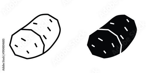 A simple black and white illustration depicts two potatoes one light and one dark with visible eyes high quality professional detailed modern elegant stylish clean crisp