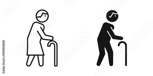 This image depicts two simple black and white line drawings of elderly people walking with canes representing aging and support high quality professional detailed modern elegant