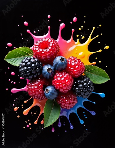 Mixed forest berries with vibrant pink and yellow paint splash