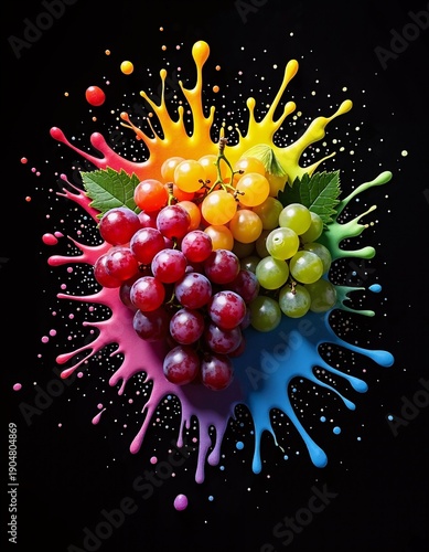 Red and green grapes with rainbow paint splash on black background