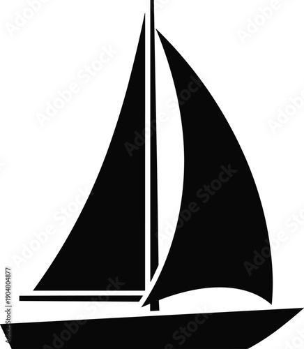 Minimal sailboat silhouette icon with modern nautical yacht design, black and white sailing boat vector illustration isolated on white background
