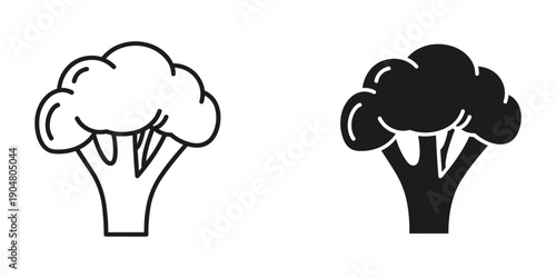 A simple black and white illustration depicts two broccoli florets one outlined and the other solid high quality professional detailed modern elegant stylish clean crisp vibrant