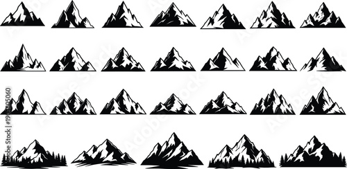Minimal mountain silhouette collection with rugged alpine peaks, snow capped ranges, and forest landscapes in black and white vector illustration set