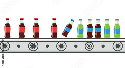 Variety of colorful beverage bottles, including red, blue, and green, moving along an industrial conveyor belt within a