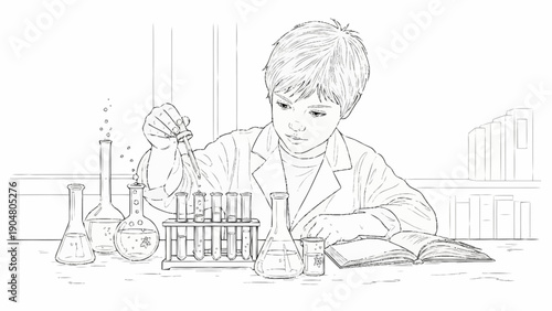 Young boy conducting a science experiment in a laboratory setting.