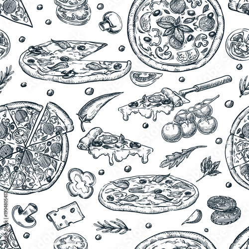 Pizza seamless pattern. Vector hand drawn sketch food illustration. Design for pizzeria menu, print, takeaway package