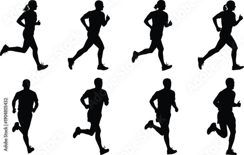 Running people silhouette collection featuring male and female joggers in motion, fitness workout poses, black and white vector illustration isolated on white
