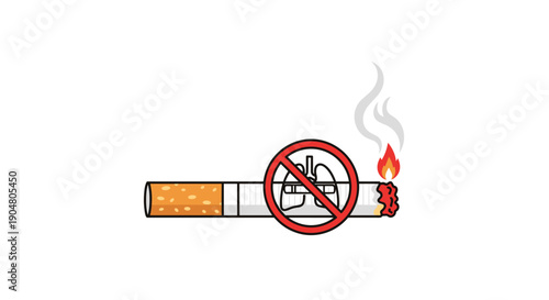 A burning cigarette prominently featuring a no smoking prohibition sign with crossed-out lungs, emphasizing health