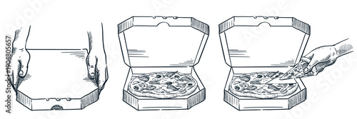 Pizza boxes in hands, closed and open. Take away food packs set. Vector sketch illustration of food delivery service