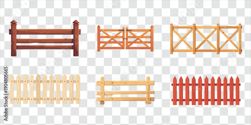 Rustic Wooden Fences and Farm Gates Vector Set for Landscape, Garden, and Property Design Elements