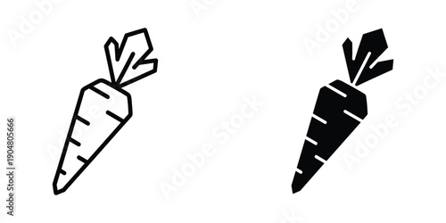 Two simple black and white illustrations depict carrots with green leafy tops showcasing variations in fill high quality professional detailed modern
