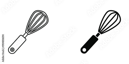 A simple black and white illustration depicts two kitchen whisks one outlined and one solid side by side high quality professional