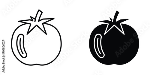 Two simple black and white illustrations of tomatoes one outlined and one filled are presented side by side high quality professional