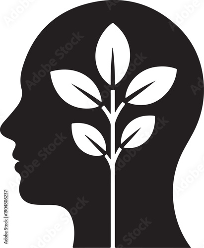 A human head profile silhouette features a growing plant signifying mental well being and growth