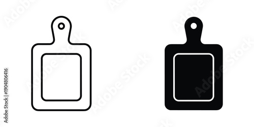 Two simple black and white line art illustrations of cutting boards with handles are displayed side by side high quality professional