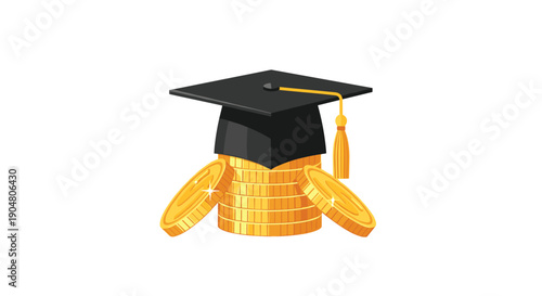 Concept of educational investment and achievement with a graduation cap placed on a substantial stack of gleaming gold